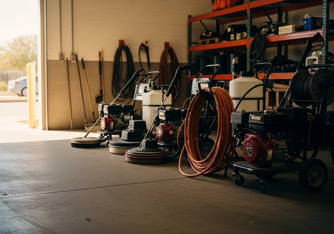 Pressure washing equipment and tools ready for exterior cleaning work on residential and commercial properties.