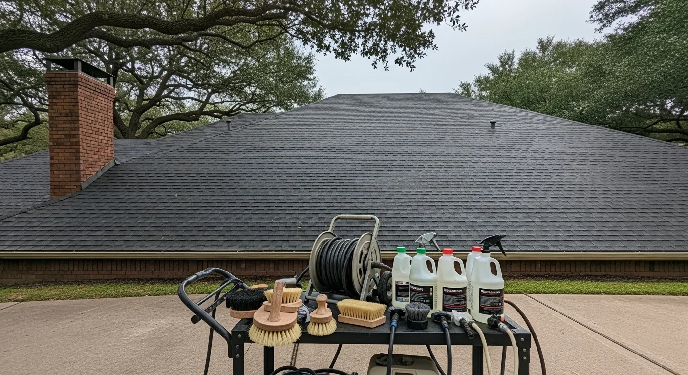 Professional roof cleaning service removing moss and debris from residential roof