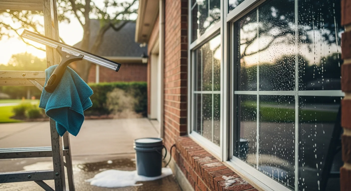 Professional window cleaning service on residential home exterior