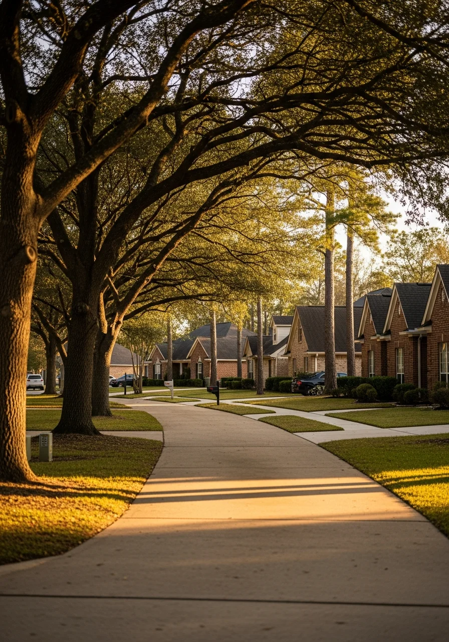 Conroe residential neighborhood with varied home styles and mature trees lining the street.