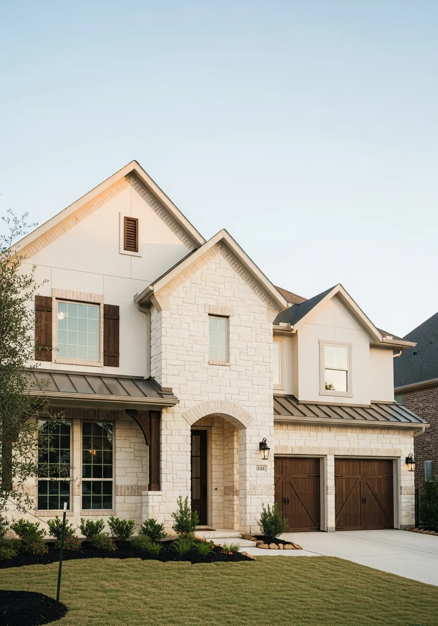 Close-up of a Woodlands home exterior with landscaping and architectural detail typical of the community's design standards.