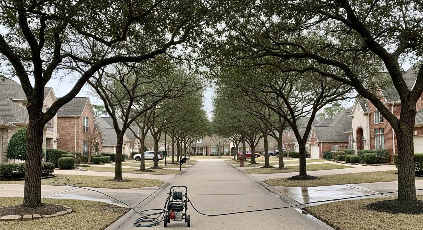 Wide view of a Woodlands residential street lined with mature trees and mixed architectural styles, showing a well-maintained neighborhood entrance.