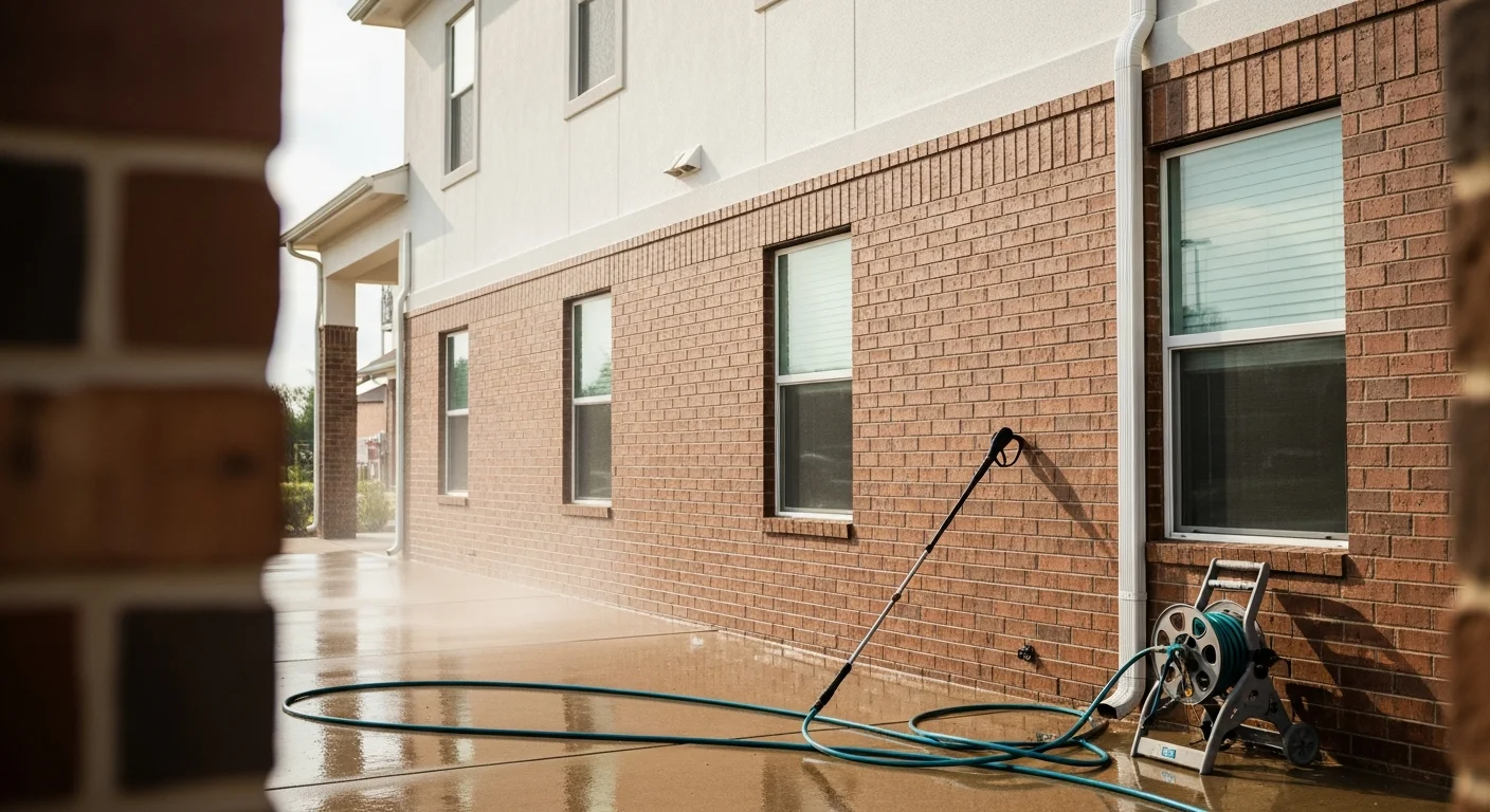 A two-story commercial building exterior in The Woodlands, Texas, showing clean brick and siding after professional building washing service. Algae streaks and dark organic staining have been removed from the walls and fascia.