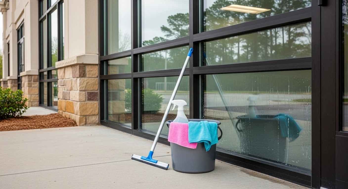 A commercial office building in The Woodlands, TX with freshly cleaned exterior glass reflecting clear sky after professional window cleaning. A TKW Pressure Washing Plus technician works on the ground-floor storefront windows of a multi-tenant property.