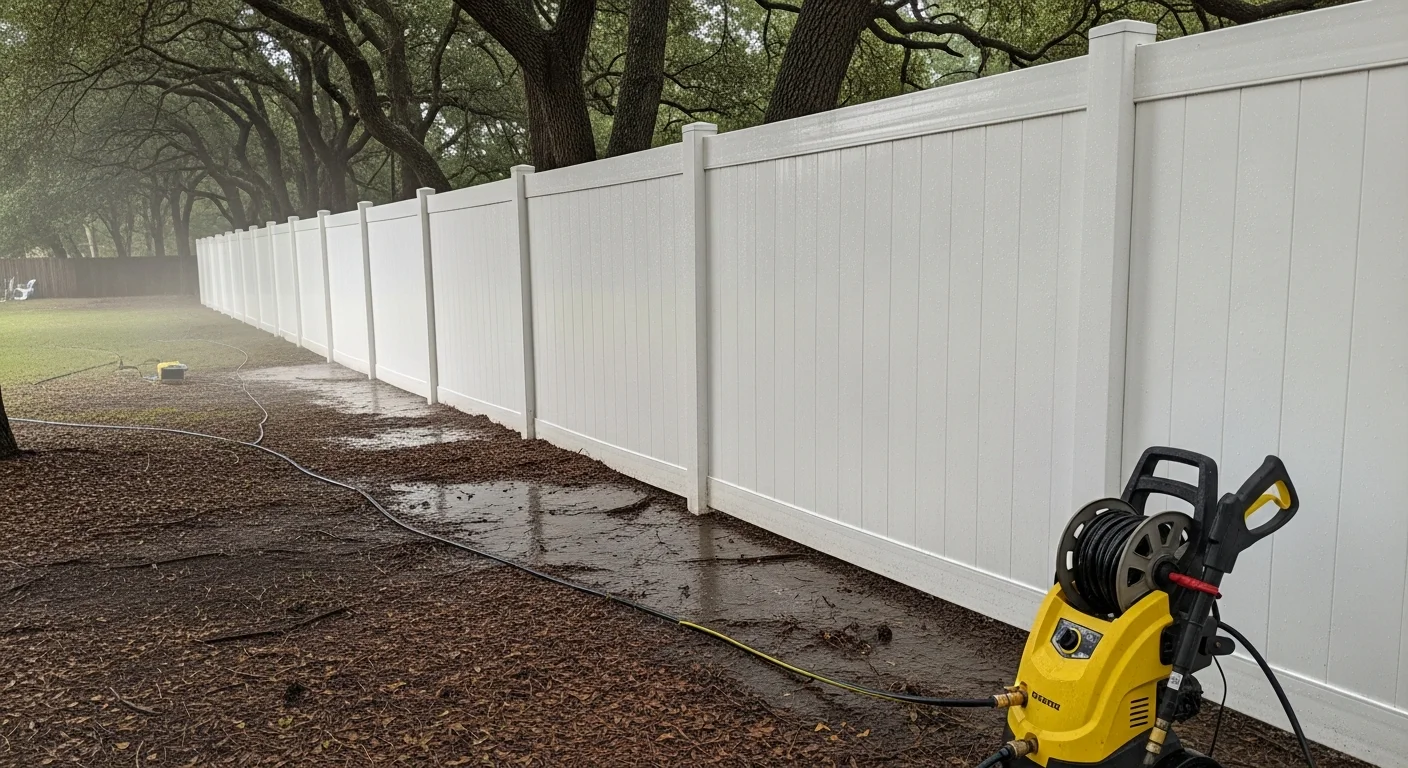 A wood privacy fence in a shaded residential yard in The Woodlands, TX, shown after professional washing with mold and dark staining fully removed from the boards. The cleaned fence panels display restored natural wood color against a backdrop of mature trees.