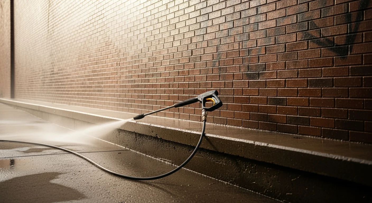 A commercial building exterior in The Woodlands, TX showing a clean brick wall after professional graffiti removal by TKW Pressure Washing Plus. No spray paint or tag markings remain on the surface.
