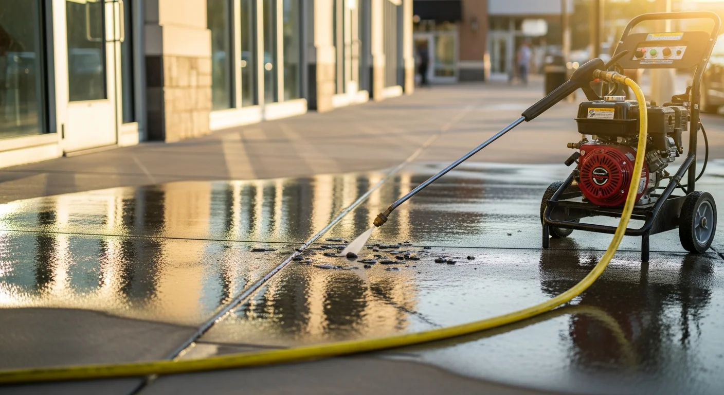 A concrete sidewalk entryway in The Woodlands, TX shown before and after professional gum removal, with dark black gum spots fully cleared from the surface. A pressure washing technician works along the walkway outside a commercial storefront.