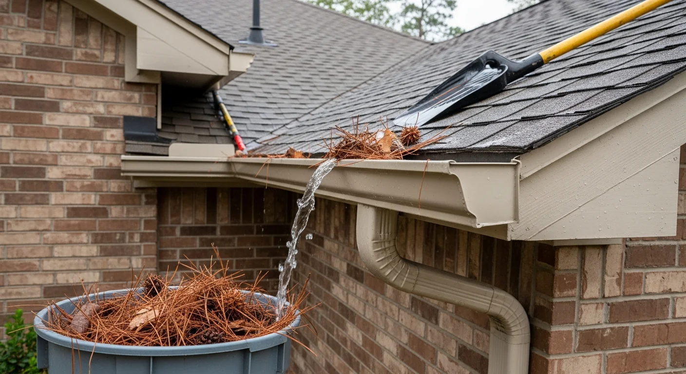 A technician from TKW Pressure Washing Plus clearing compacted pine needles and oak debris from a residential gutter channel on a wooded property in The Woodlands, TX. The cleaned gutter section shows open, unobstructed drainage ready for heavy rainfall.