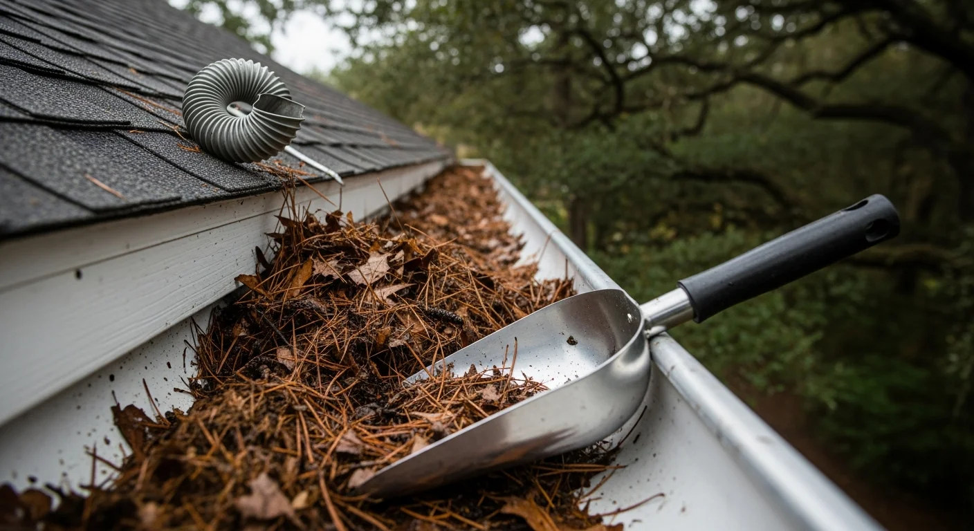 A technician clearing packed pine needle debris and oak leaf buildup from the gutters of a two-story residential home in The Woodlands, TX. Water flows freely from a flushed downspout onto a concrete splash block below.
