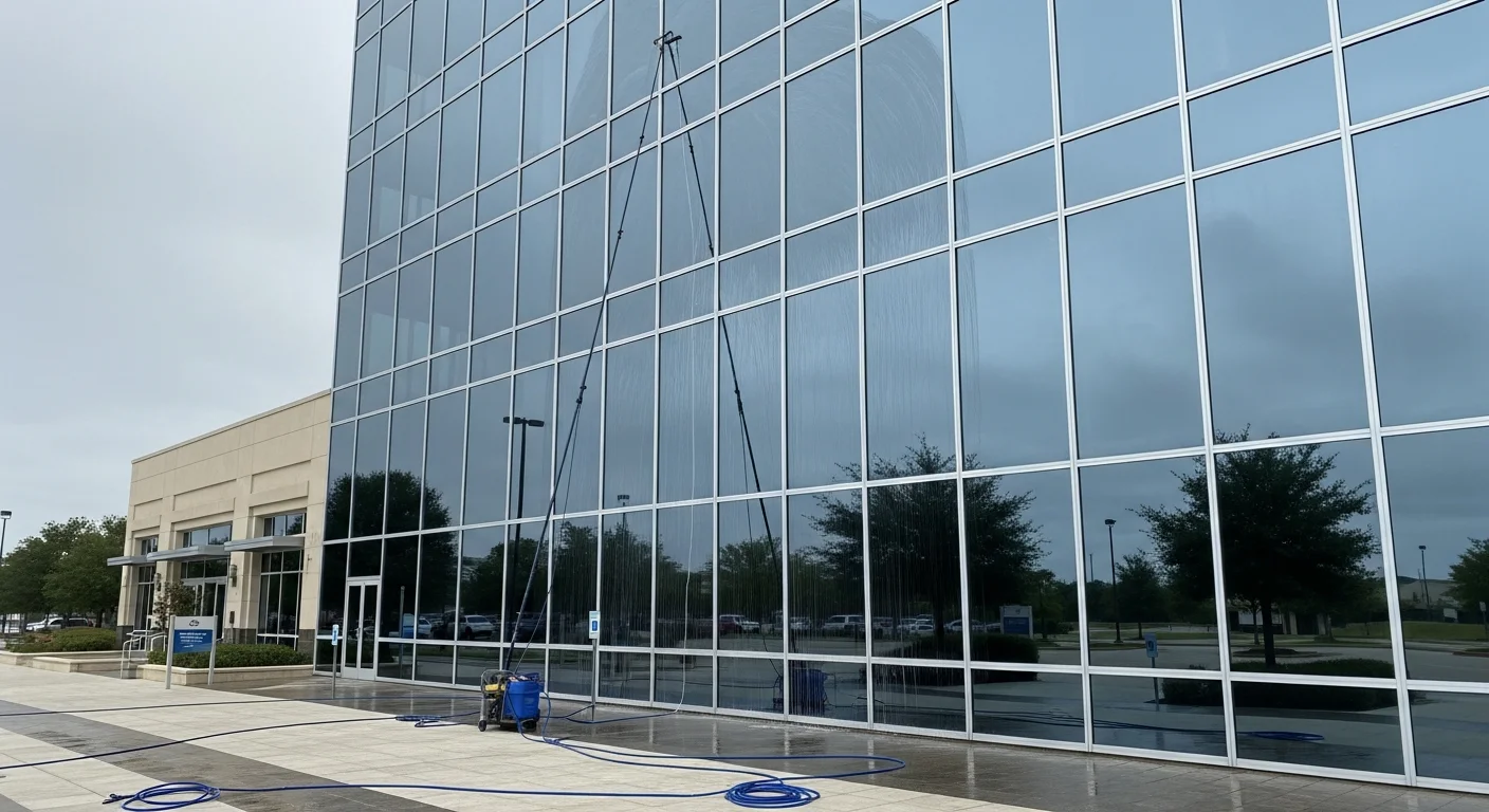 A crew member cleaning the exterior glass panels on a multi-story commercial office tower in The Woodlands, Texas, with streaks and pollen residue being removed from upper-floor windows. The building's glass facade reflects the surrounding tree canopy and clear Texas sky after cleaning.