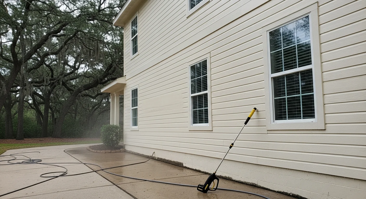 A two-story residential home in The Woodlands, TX with clean, streak-free siding after a professional house washing service. Mold and algae stains have been removed from the exterior walls and eaves, showing a clear contrast between washed and unwashed surfaces.