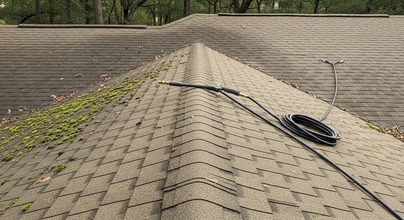 A residential roof in The Woodlands, TX showing before-and-after moss removal results, with green moss patches cleared from shaded north-facing shingles. The cleaned surface reveals uniform shingle color and no visible organic growth or debris.