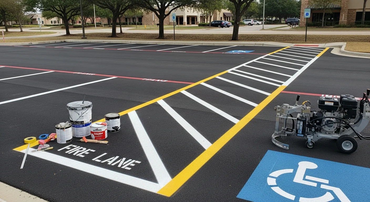 Freshly painted white parking stall lines and a blue ADA-accessible space symbol on a commercial asphalt lot in The Woodlands, TX. Crisp yellow fire lane curb markings are visible along the lot edge near a retail building entrance.