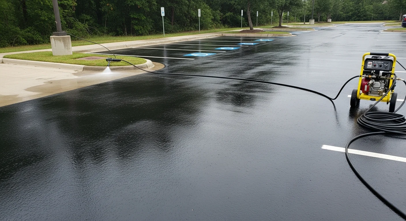 A freshly pressure-washed commercial parking lot in The Woodlands, TX, showing clean concrete stalls and drive lanes free of oil stains, tire marks, and algae. The lot sits adjacent to a commercial building surrounded by the area's characteristic tree canopy.