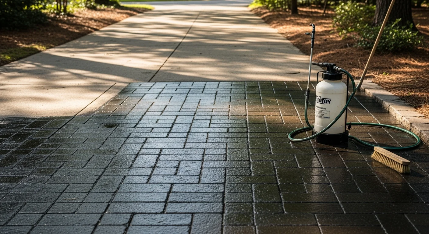 Freshly sealed brick paver patio behind a residential home in The Woodlands, Texas, showing even color and clean joint lines after professional cleaning and sealing. The surface is free of algae staining and organic debris typical of shaded outdoor areas in South Montgomery County.