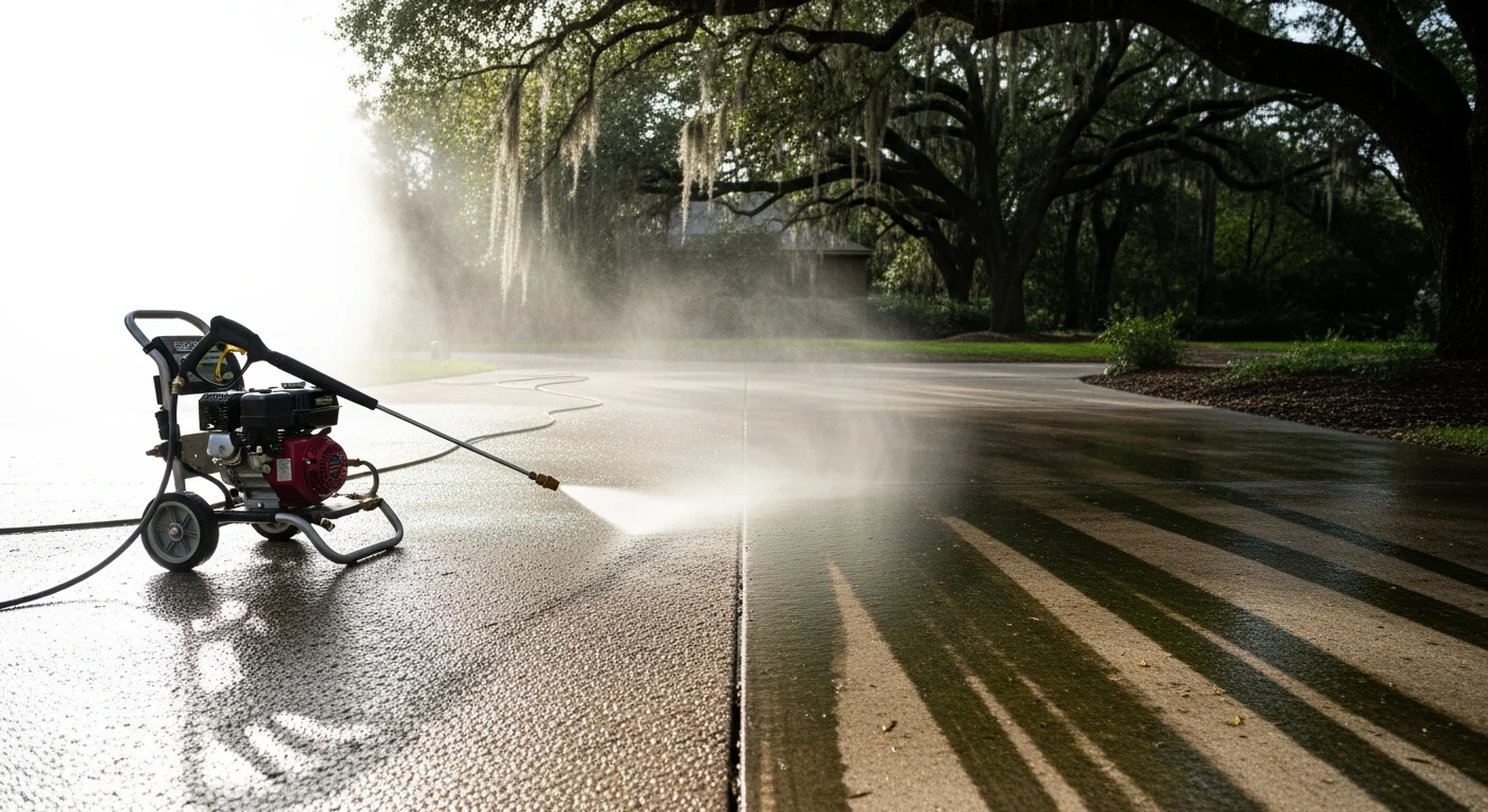 A concrete driveway in The Woodlands, Texas shown half-cleaned during a professional pressure washing service, with algae and dark staining visible on one side and clean gray concrete on the other. A residential home exterior with tree canopy visible in the background.