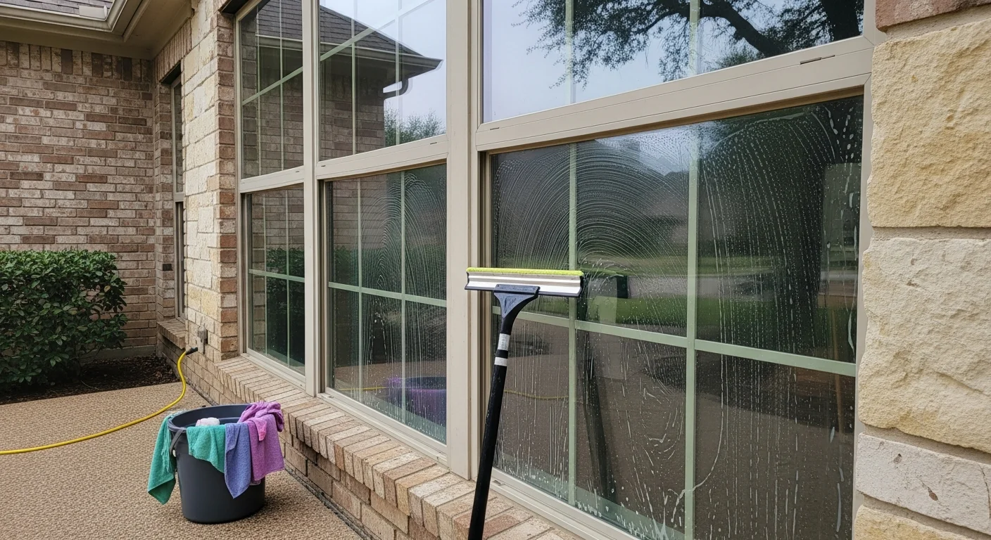 A technician cleaning the exterior windows of a two-story residential home in The Woodlands, Texas, with a clear view of the surrounding tree canopy. The glass shows a streak-free finish after removal of pollen film and hard water spots.