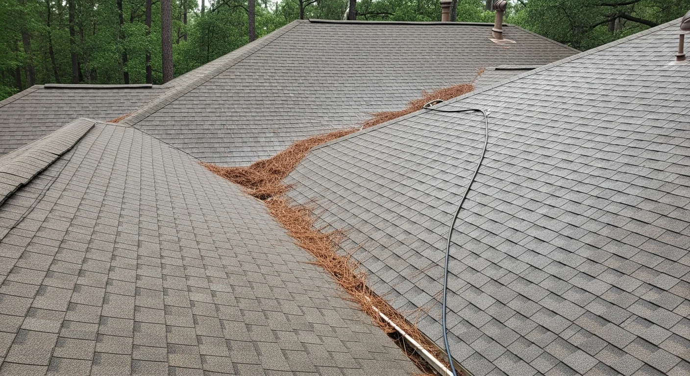 A residential roof in The Woodlands, TX shown after soft wash cleaning, with algae and black streak staining removed from the shingle surface. Mature trees are visible in the background, reflecting the heavily wooded setting common to Woodlands-area properties.