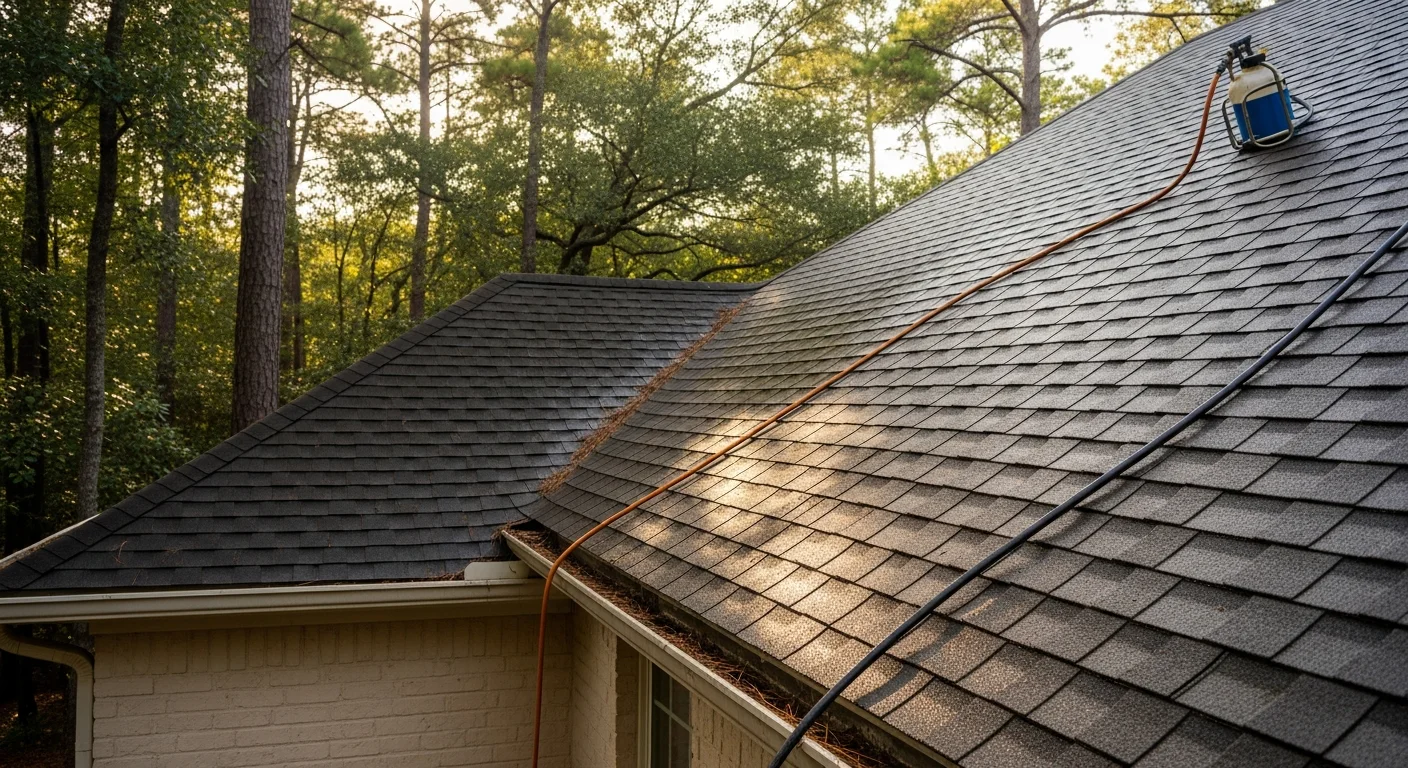 A residential roof in The Woodlands, TX shown after professional soft wash cleaning, with algae stains and dark streaks fully removed from the shingles. The cleaned roof surface contrasts with surrounding mature pine trees typical of the area.