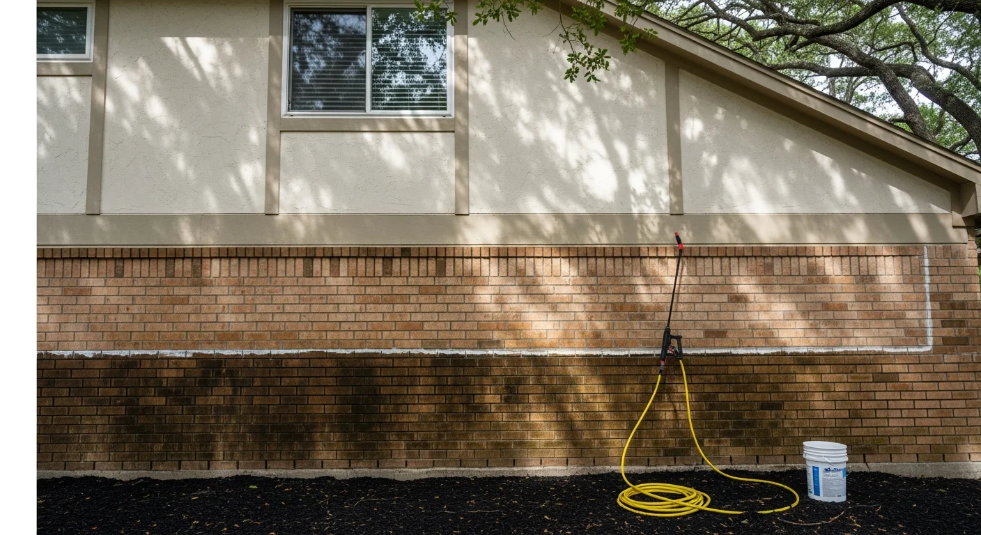 A two-story home in The Woodlands, TX with clean, streak-free siding after professional soft washing service. Green algae and black mold staining have been fully removed from the exterior walls and trim.