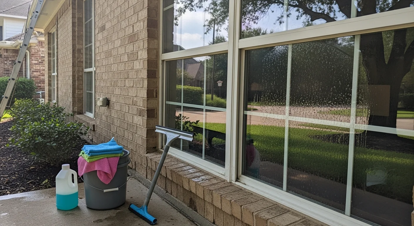 A TKW Pressure Washing Plus technician cleaning the exterior windows of a two-story residential home in The Woodlands, TX, with visible pollen and water spot removal on large glass panes surrounded by mature trees.