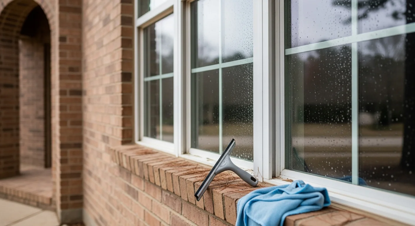 A TKW Pressure Washing Plus technician cleaning the exterior glass and sills of a residential home in The Woodlands, TX, with pine trees visible in the background. The freshly maintained windows show no streaks, pollen film, or moisture residue on the frames.
